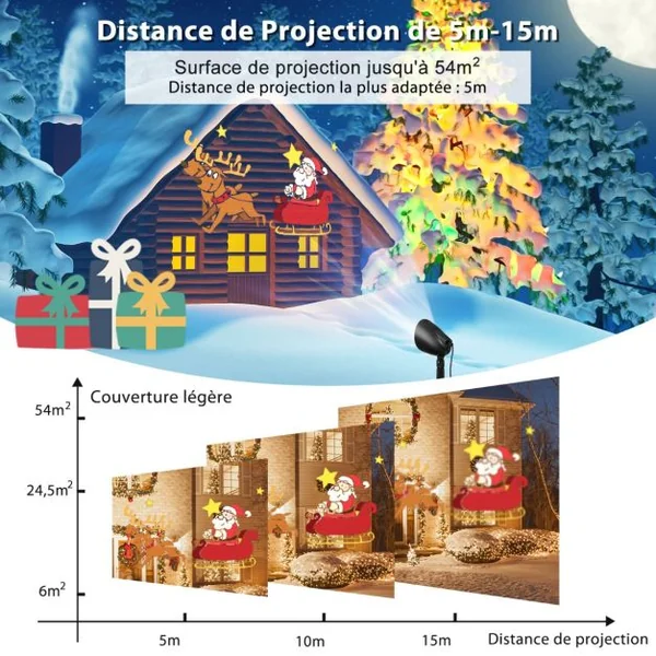 Lampe Projecteur Noël 15m Distance de Projection Max 3Lumières LED Motif Père Noël et Rennes Résistant aux Intempéries