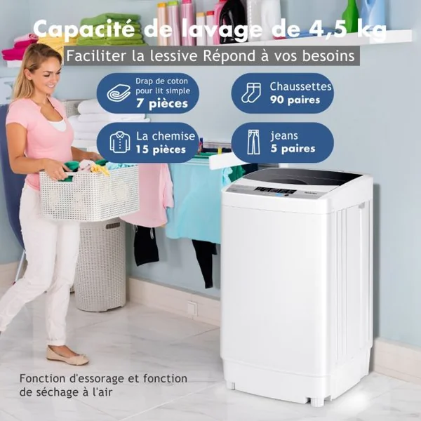 Lave-Linges Machine à Laver Automatique avec 10 Programmes Affichage LED Capacité de Lavage 4,5 KG Economie d'eau et d'Energie 50 x 50 x 85 CM Gris