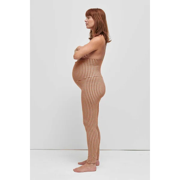 Legging de grossesse Vichy Camel en coton bio – Taille haute confort