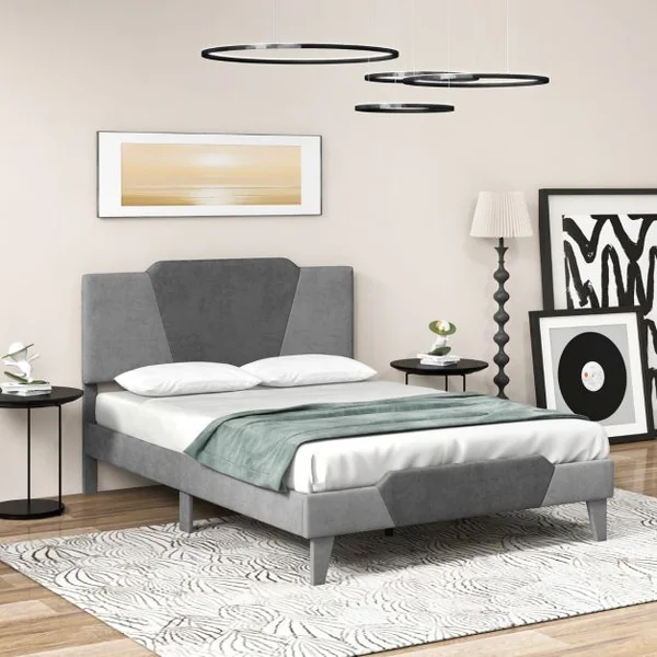 Lit Adulte en Velours 140x200CM avec Tête de Lit Lit Rembourré Double avec Sommier à Lattes en Bois Massif Charge 500 KG Gris