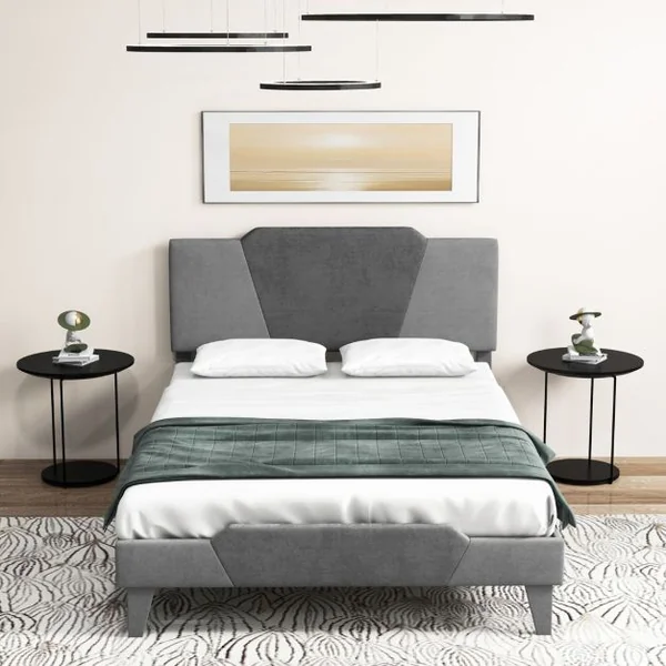 Lit Adulte en Velours 140x200CM avec Tête de Lit Lit Rembourré Double avec Sommier à Lattes en Bois Massif Charge 500 KG Gris