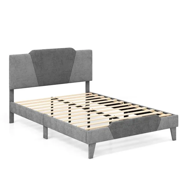 Lit Adulte en Velours 140x200CM avec Tête de Lit Lit Rembourré Double avec Sommier à Lattes en Bois Massif Charge 500 KG Gris