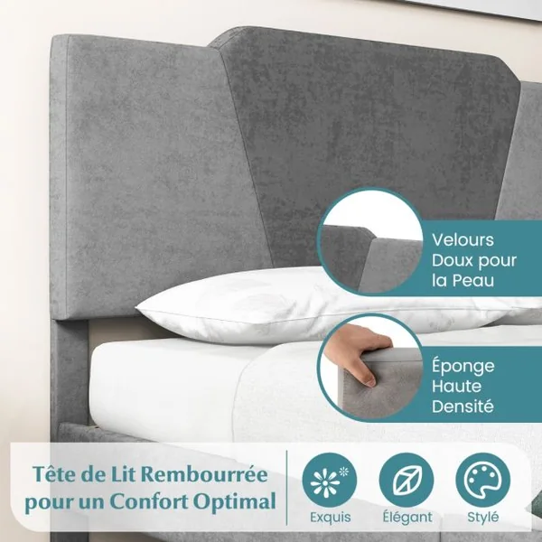 Lit Adulte en Velours 140x200CM avec Tête de Lit Lit Rembourré Double avec Sommier à Lattes en Bois Massif Charge 500 KG Gris
