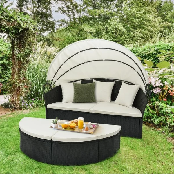 Lit Canapé de Jardin Rond en Rotin PE Auvent Rétractable Coussins et Oreillers Amovibles Salon de Jardin Modulable Blanc