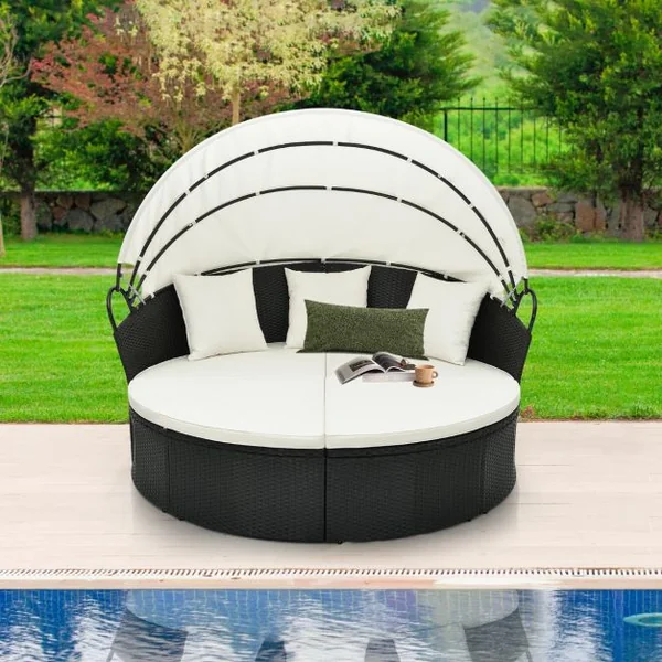 Lit Canapé de Jardin Rond en Rotin PE Auvent Rétractable Coussins et Oreillers Amovibles Salon de Jardin Modulable Blanc