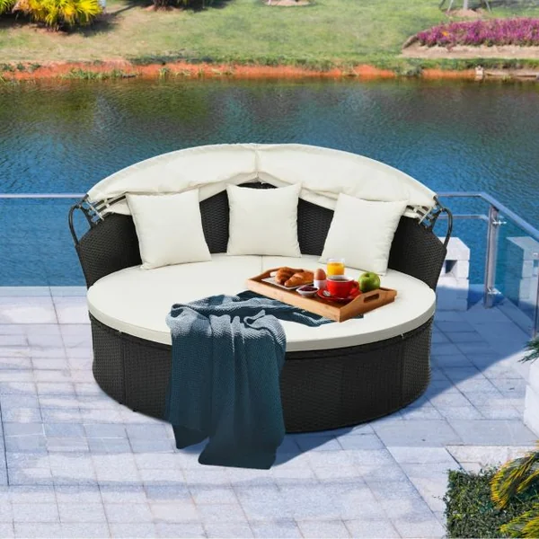 Lit Canapé de Jardin Rond en Rotin PE Auvent Rétractable Coussins et Oreillers Amovibles Salon de Jardin Modulable Blanc