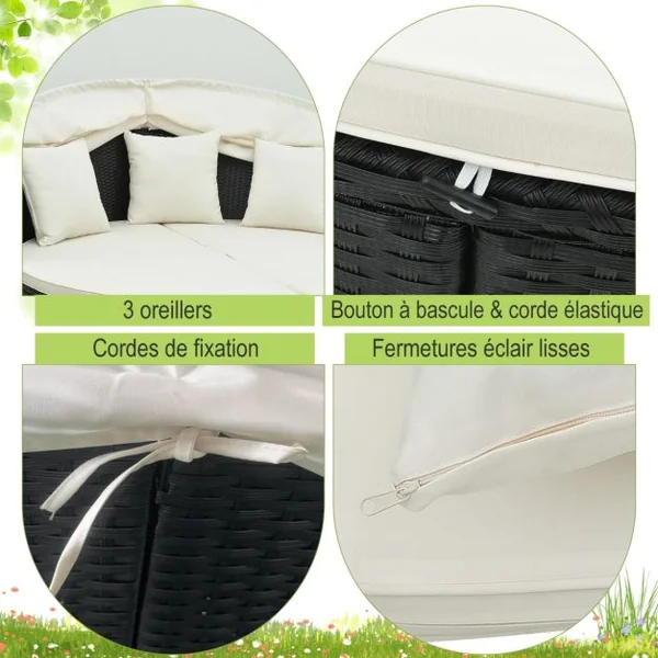 Lit Canapé de Jardin Rond en Rotin PE Auvent Rétractable Coussins et Oreillers Amovibles Salon de Jardin Modulable Blanc