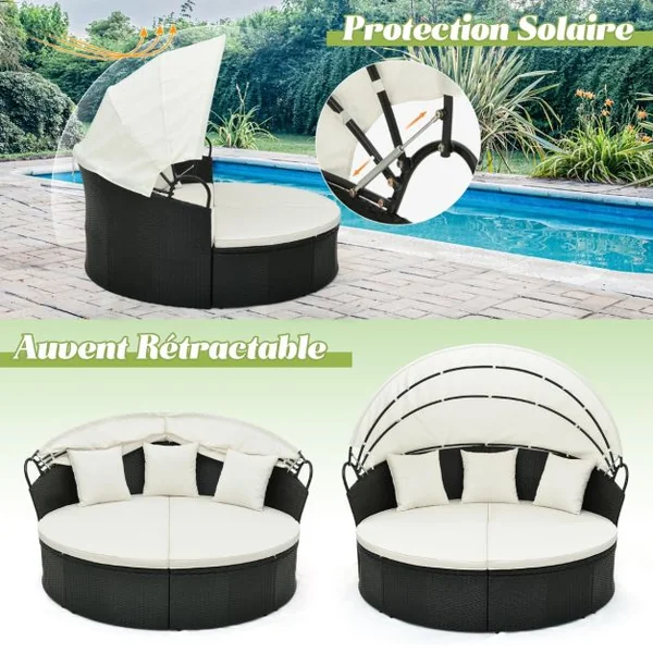 Lit Canapé de Jardin Rond en Rotin PE Auvent Rétractable Coussins et Oreillers Amovibles Salon de Jardin Modulable Blanc