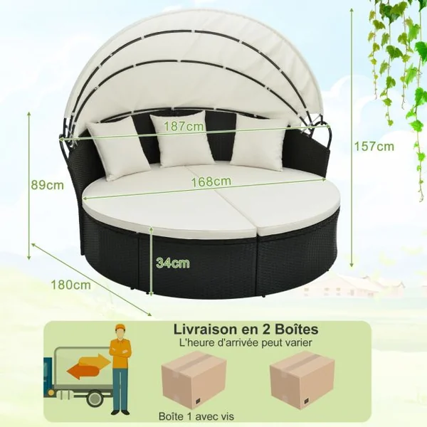 Lit Canapé de Jardin Rond en Rotin PE Auvent Rétractable Coussins et Oreillers Amovibles Salon de Jardin Modulable Blanc