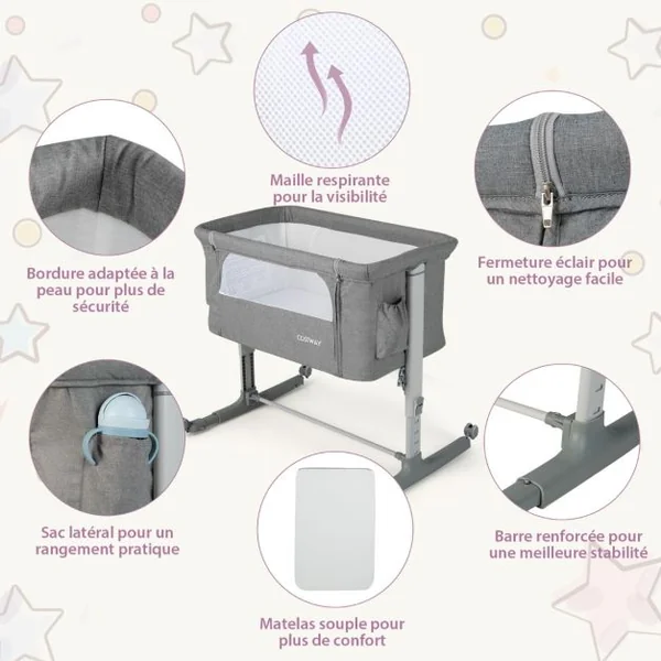 Lit Cododo Bébé à 5 Hauteurs Réglables Charge 9KG Lit Berceau Maille Respirante Sac de Voyage pour Bébé 0-6 Mois Noir/Gris foncé/Gris Clair/Rose