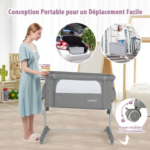 Lit Cododo Bébé à 5 Hauteurs Réglables Charge 9KG Lit Berceau Maille Respirante Sac de Voyage pour Bébé 0-6 Mois Noir/Gris foncé/Gris Clair/Rose