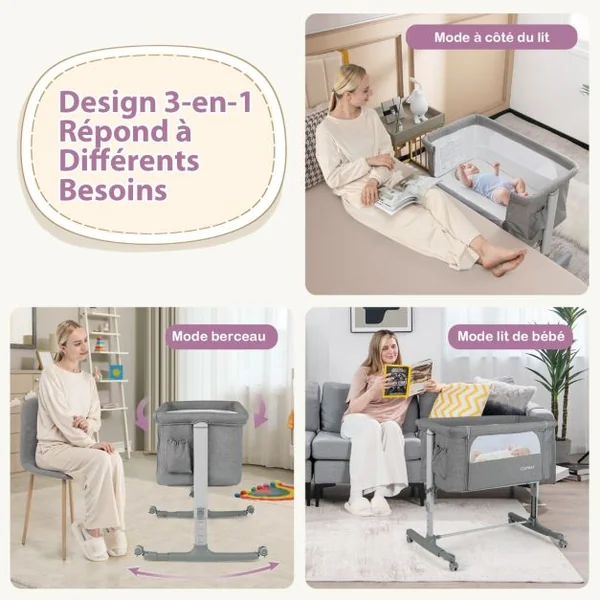 Lit Cododo Bébé à 5 Hauteurs Réglables Charge 9KG Lit Berceau Maille Respirante Sac de Voyage pour Bébé 0-6 Mois Noir/Gris foncé/Gris Clair/Rose