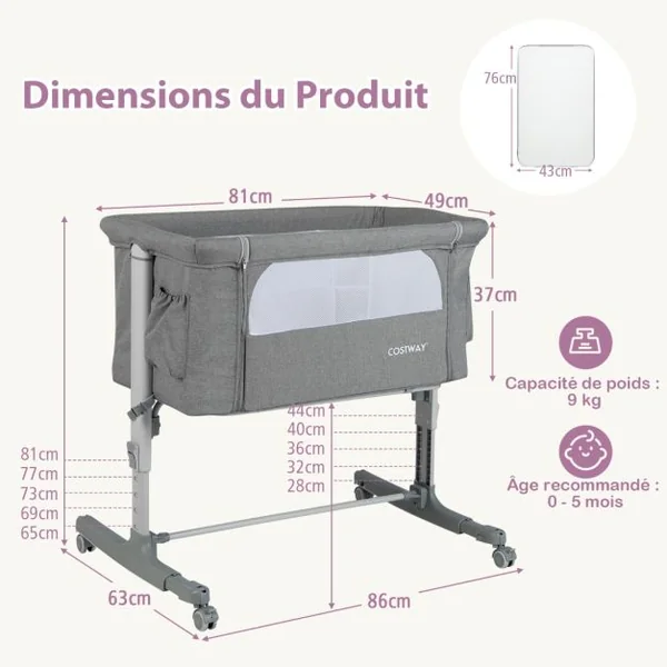 Lit Cododo Bébé à 5 Hauteurs Réglables Charge 9KG Lit Berceau Maille Respirante Sac de Voyage pour Bébé 0-6 Mois Noir/Gris foncé/Gris Clair/Rose