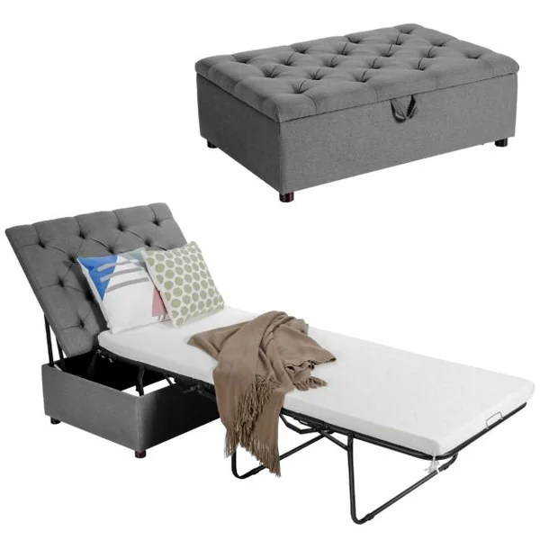 Lit Convertible Pliant 2 en 1 Lit Ottoman Pliant avec Matelas et Cadre en Métal Lit d'Invité Peu Encombrant Canapé-lit à Double Usage Gris