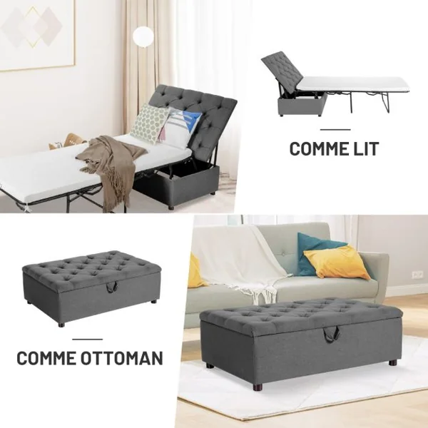 Lit Convertible Pliant 2 en 1 Lit Ottoman Pliant avec Matelas et Cadre en Métal Lit d'Invité Peu Encombrant Canapé-lit à Double Usage Gris