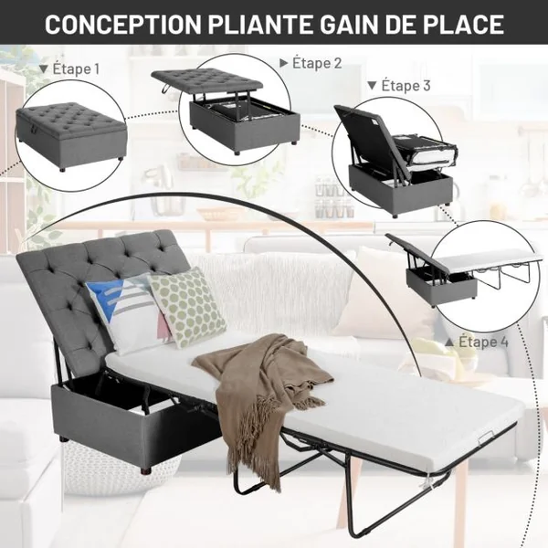 Lit Convertible Pliant 2 en 1 Lit Ottoman Pliant avec Matelas et Cadre en Métal Lit d'Invité Peu Encombrant Canapé-lit à Double Usage Gris
