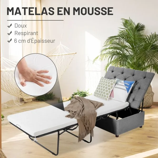 Lit Convertible Pliant 2 en 1 Lit Ottoman Pliant avec Matelas et Cadre en Métal Lit d'Invité Peu Encombrant Canapé-lit à Double Usage Gris
