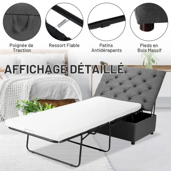 Lit Convertible Pliant 2 en 1 Lit Ottoman Pliant avec Matelas et Cadre en Métal Lit d'Invité Peu Encombrant Canapé-lit à Double Usage Gris