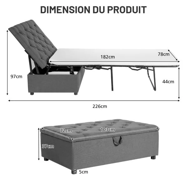 Lit Convertible Pliant 2 en 1 Lit Ottoman Pliant avec Matelas et Cadre en Métal Lit d'Invité Peu Encombrant Canapé-lit à Double Usage Gris
