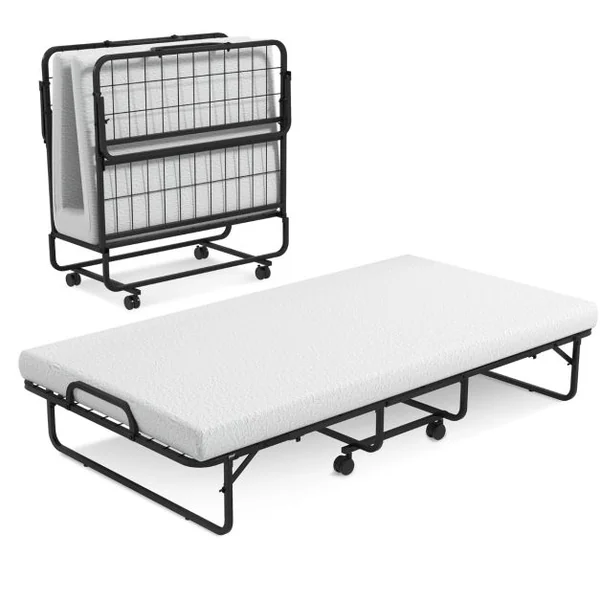 Lit d’Appoint 4 Roues Universelles Matelas en Mousse de 10CM Charge 180KG Lit Pliant 1 Personne pour Bureau Chambre