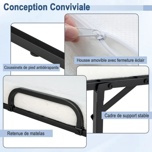 Lit d’Appoint 4 Roues Universelles Matelas en Mousse de 10CM Charge 180KG Lit Pliant 1 Personne pour Bureau Chambre