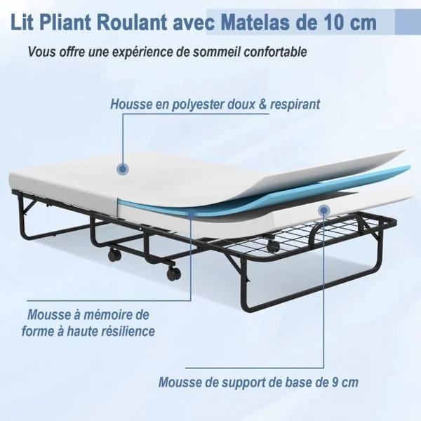 Lit d’Appoint 4 Roues Universelles Matelas en Mousse de 10CM Charge 180KG Lit Pliant 1 Personne pour Bureau Chambre