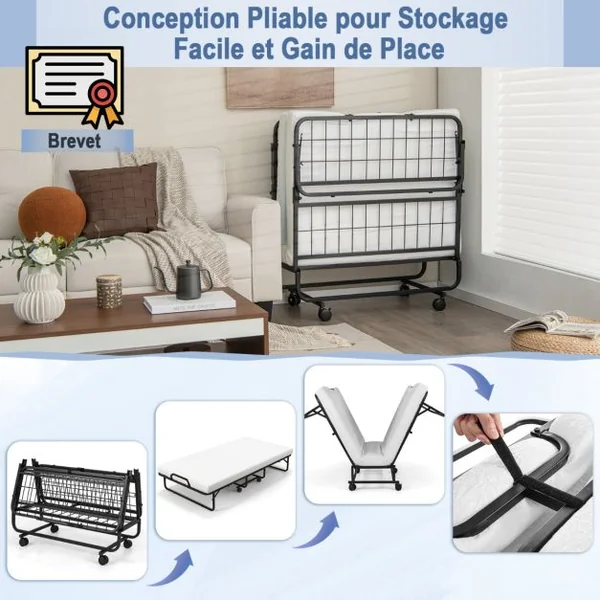 Lit d’Appoint 4 Roues Universelles Matelas en Mousse de 10CM Charge 180KG Lit Pliant 1 Personne pour Bureau Chambre