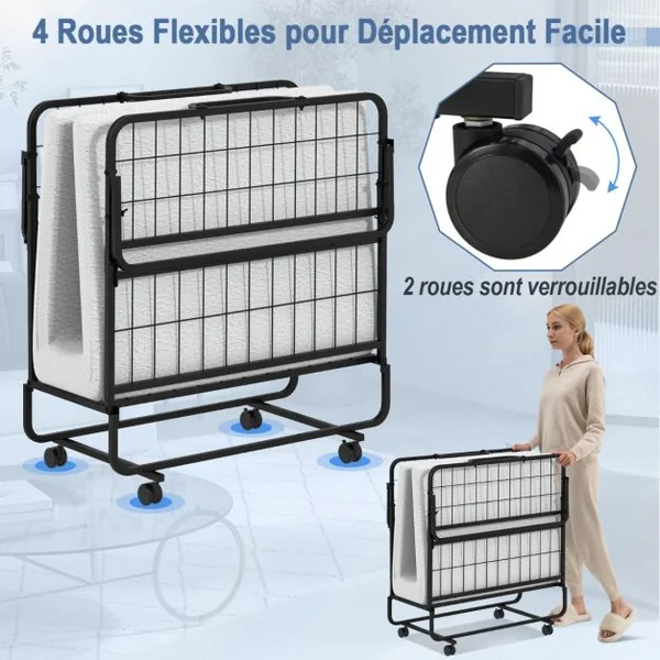 Lit d’Appoint 4 Roues Universelles Matelas en Mousse de 10CM Charge 180KG Lit Pliant 1 Personne pour Bureau Chambre