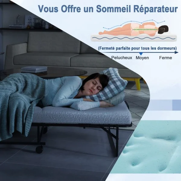 Lit d’Appoint 4 Roues Universelles Matelas en Mousse de 10CM Charge 180KG Lit Pliant 1 Personne pour Bureau Chambre