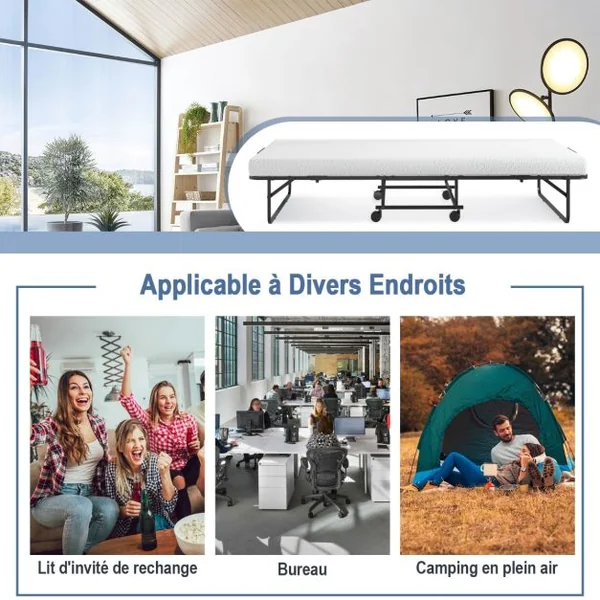 Lit d’Appoint 4 Roues Universelles Matelas en Mousse de 10CM Charge 180KG Lit Pliant 1 Personne pour Bureau Chambre