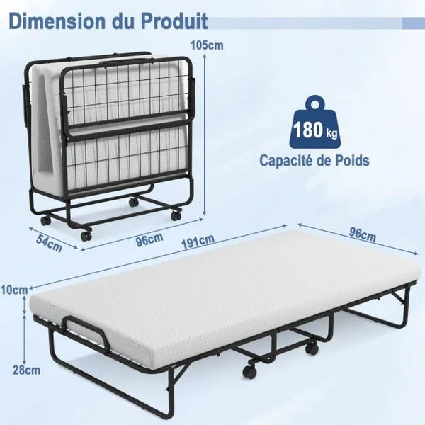 Lit d’Appoint 4 Roues Universelles Matelas en Mousse de 10CM Charge 180KG Lit Pliant 1 Personne pour Bureau Chambre