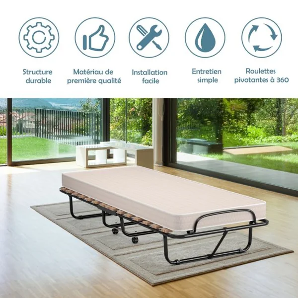 Lit d’Appoint Pliable 80 x 190 CM Lit Pliant sur Roulettes Matelas en Mousse 10 CM 1 Personne Charge de 120 KG