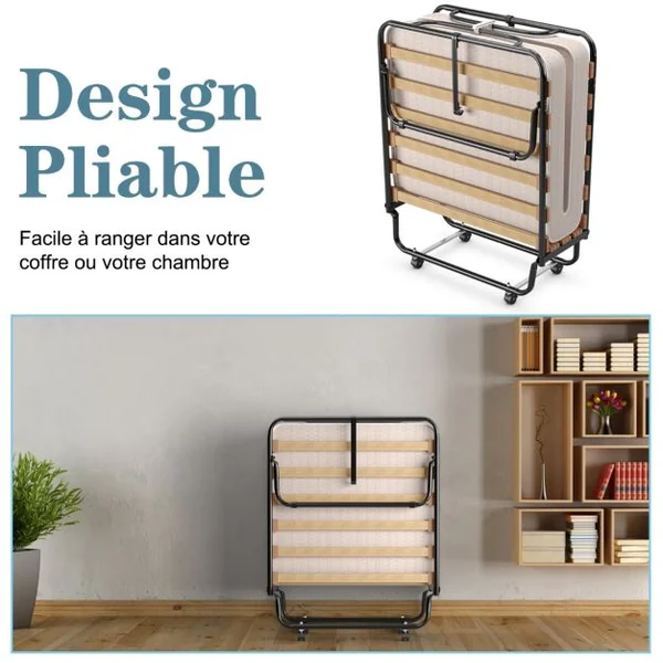 Lit d’Appoint Pliable 80 x 190 CM Lit Pliant sur Roulettes Matelas en Mousse 10 CM 1 Personne Charge de 120 KG