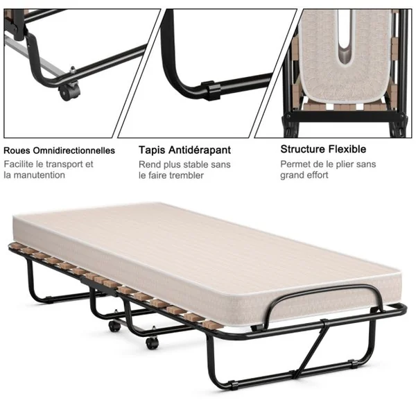 Lit d’Appoint Pliable 80 x 190 CM Lit Pliant sur Roulettes Matelas en Mousse 10 CM 1 Personne Charge de 120 KG