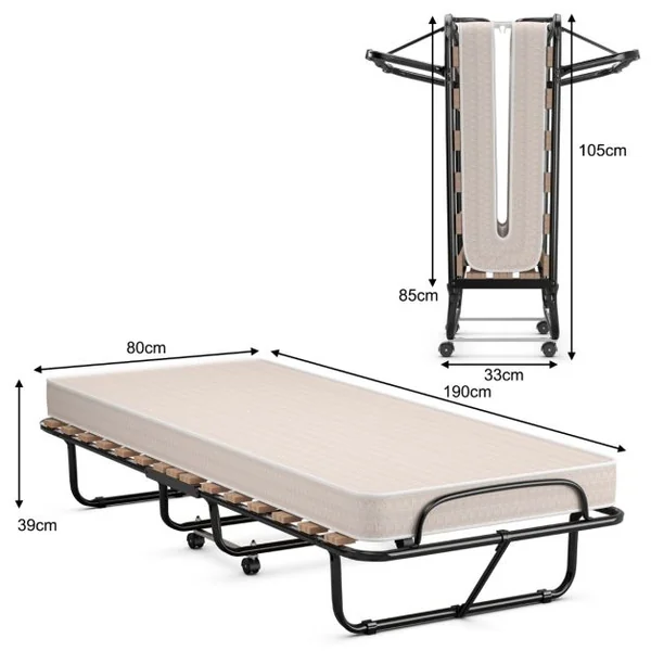 Lit d’Appoint Pliable 80 x 190 CM Lit Pliant sur Roulettes Matelas en Mousse 10 CM 1 Personne Charge de 120 KG