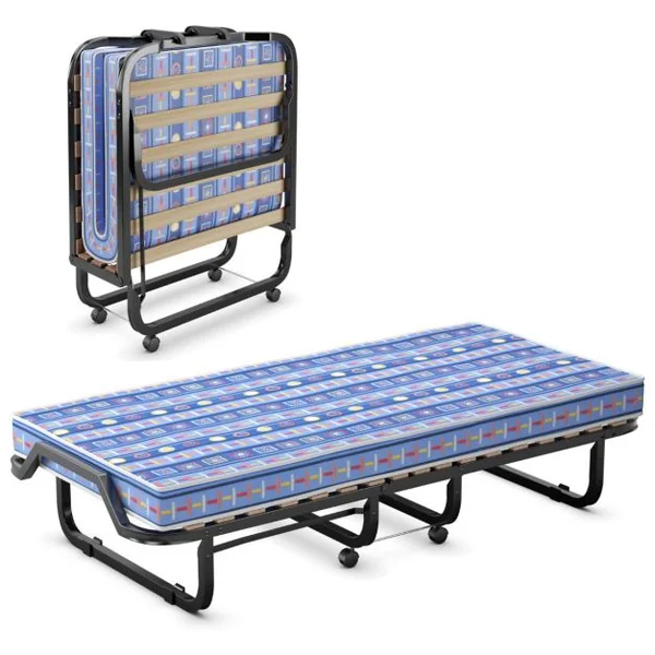 Lit d'Appoint Pliable sur Roulettes 80 x 200 CM Lit Pliant Matelas en Mousse 10 CM 15 Lattes de Lit en Bois Bleu