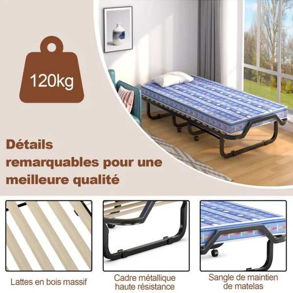 Lit d'Appoint Pliable sur Roulettes 80 x 200 CM Lit Pliant Matelas en Mousse 10 CM 15 Lattes de Lit en Bois Bleu