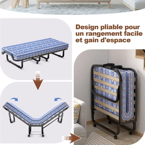 Lit d'Appoint Pliable sur Roulettes 80 x 200 CM Lit Pliant Matelas en Mousse 10 CM 15 Lattes de Lit en Bois Bleu