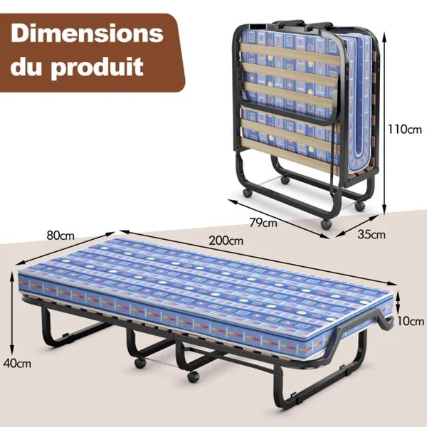 Lit d'Appoint Pliable sur Roulettes 80 x 200 CM Lit Pliant Matelas en Mousse 10 CM 15 Lattes de Lit en Bois Bleu