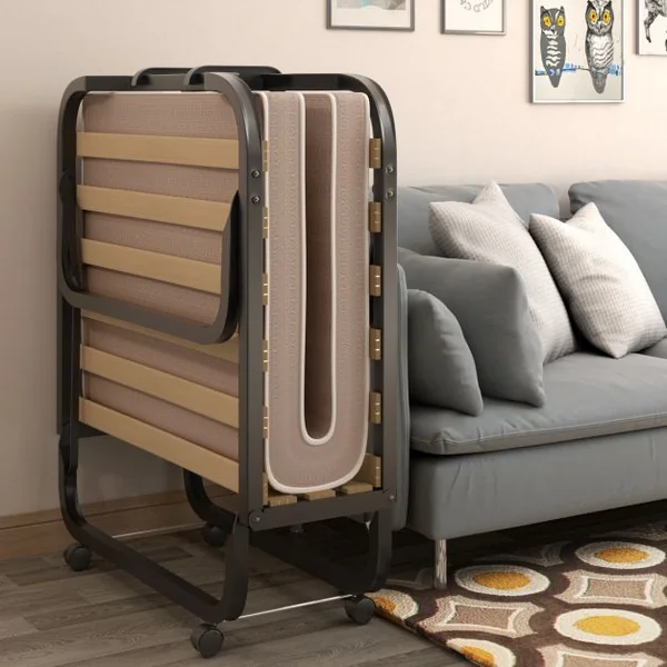 Lit d'Appoint Pliable sur Roulettes 80 x 200 CM Lit Pliant Matelas en Mousse 10 CM 15 Lattes de Lit en Bois