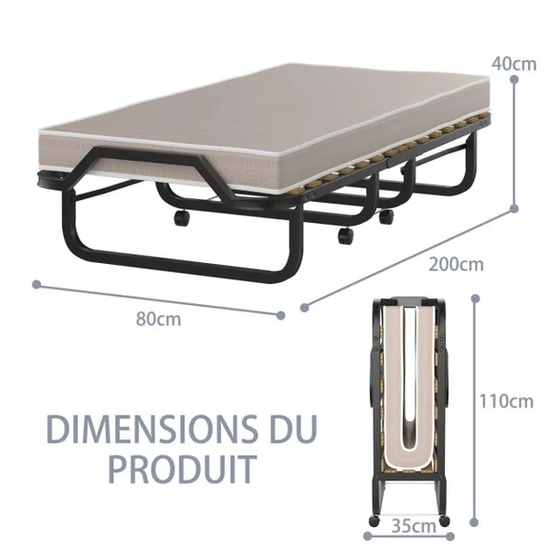 Lit d'Appoint Pliable sur Roulettes 80 x 200 CM Lit Pliant Matelas en Mousse 10 CM 15 Lattes de Lit en Bois