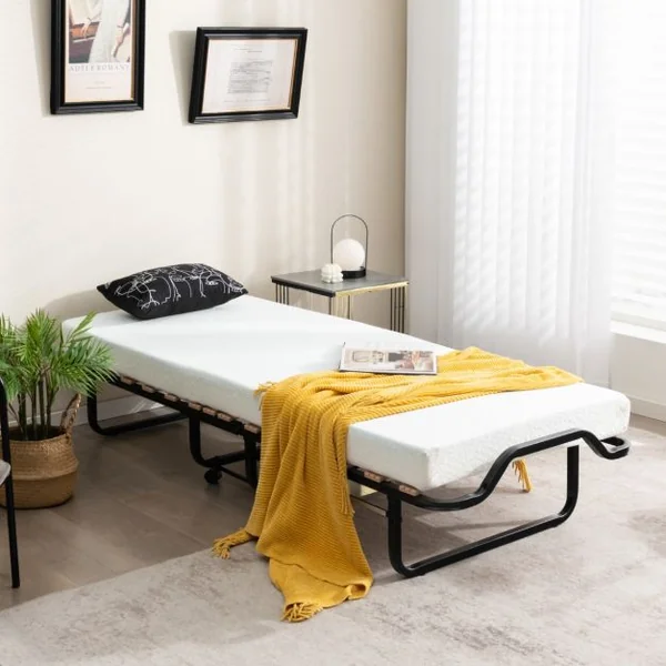 Lit d’Appoint à Roulettes 80x199 CM avec Matelas en Mousse Épaisseur 10CM Lit Pliant 1 Personne avec 15 Lattes de Bois