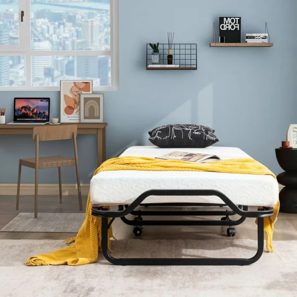 Lit d’Appoint à Roulettes 80x199 CM avec Matelas en Mousse Épaisseur 10CM Lit Pliant 1 Personne avec 15 Lattes de Bois