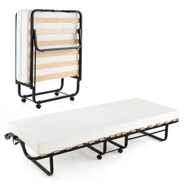 Lit d’Appoint à Roulettes 80x199 CM avec Matelas en Mousse Épaisseur 10CM Lit Pliant 1 Personne avec 15 Lattes de Bois