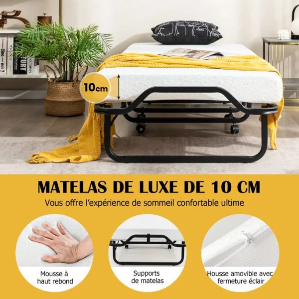 Lit d’Appoint à Roulettes 80x199 CM avec Matelas en Mousse Épaisseur 10CM Lit Pliant 1 Personne avec 15 Lattes de Bois