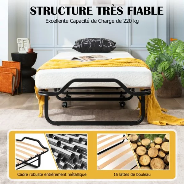 Lit d’Appoint à Roulettes 80x199 CM avec Matelas en Mousse Épaisseur 10CM Lit Pliant 1 Personne avec 15 Lattes de Bois