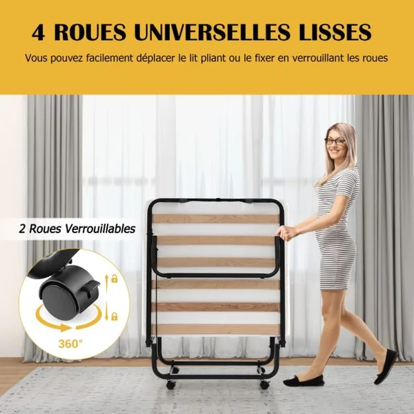 Lit d’Appoint à Roulettes 80x199 CM avec Matelas en Mousse Épaisseur 10CM Lit Pliant 1 Personne avec 15 Lattes de Bois