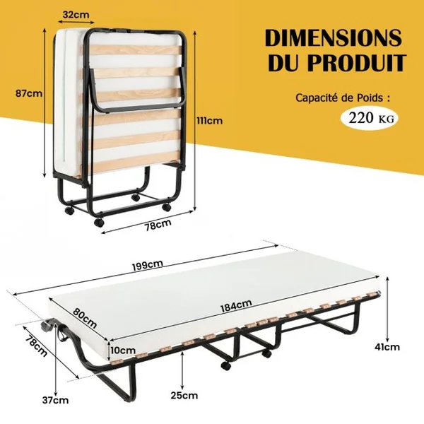 Lit d’Appoint à Roulettes 80x199 CM avec Matelas en Mousse Épaisseur 10CM Lit Pliant 1 Personne avec 15 Lattes de Bois