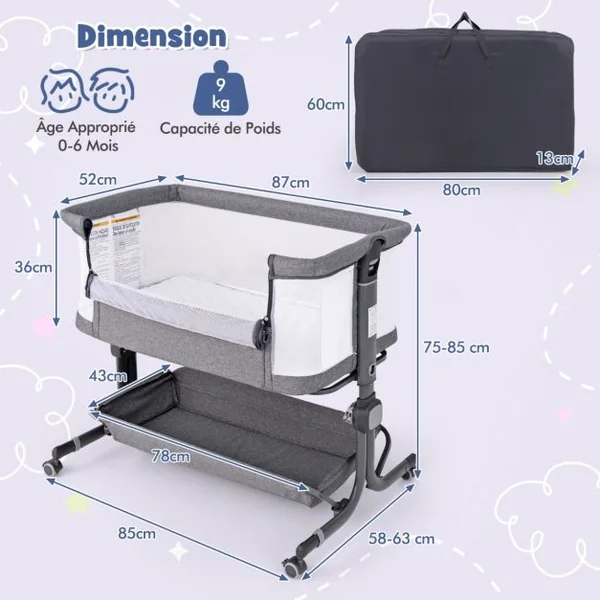 Lit de Bébé Berceau Berceau de Côté avec Hauteur Réglable 6 Niveaux Étagère de Rangement Roulettes Matelas et Sac de Transport Beige/Gris/Gris Clair/Rose