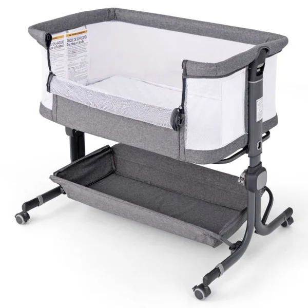 Lit de Bébé Berceau Berceau de Côté avec Hauteur Réglable 6 Niveaux Étagère de Rangement Roulettes Matelas et Sac de Transport Beige/Gris/Gris Clair/Rose